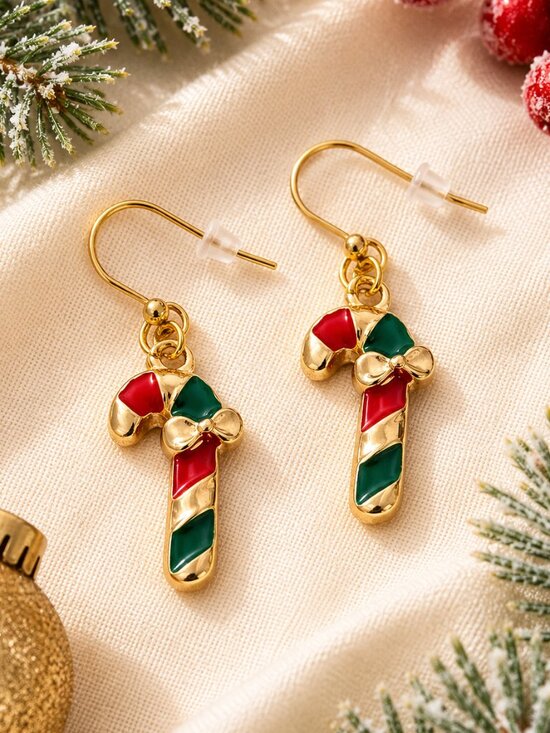 Hand Crafted Jewelry - Candy Cane Bow Dangle Earrings Red Green Enamel Gold Christmas Holiday